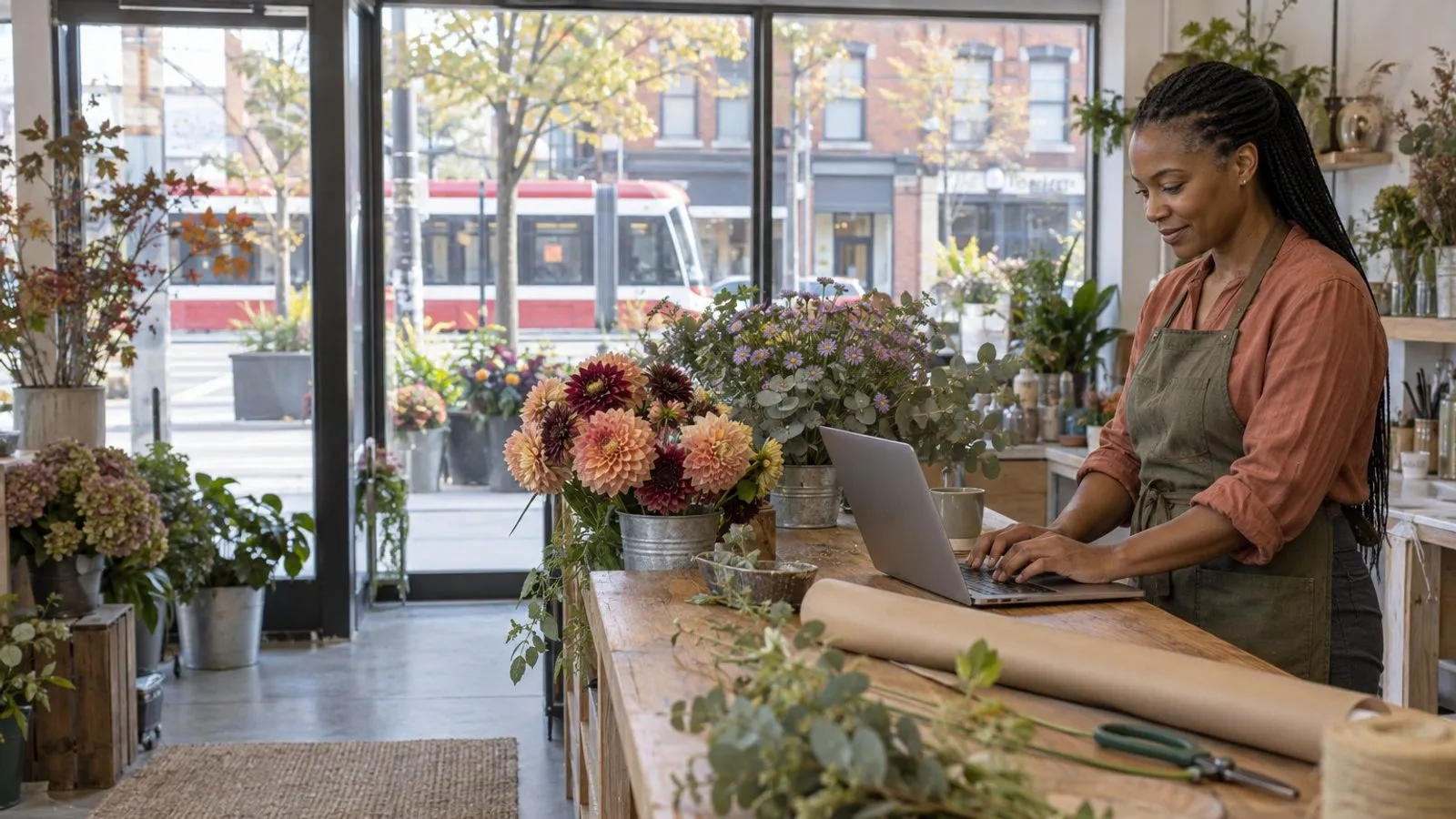 A Toronto florist beginning a website enquiry from her shop