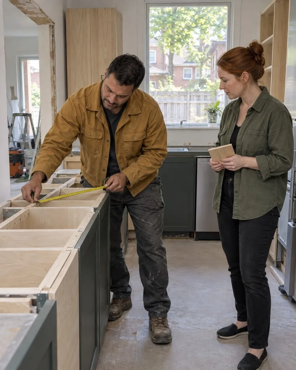 Exactly two people stand in the kitchen of a clean residential renovation while fitted cabinetry is being checked