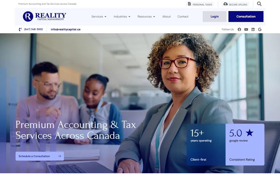 The home page of realitycapital.ca: an accountant at her desk under the headline Premium Accounting and Tax Services Across Canada.